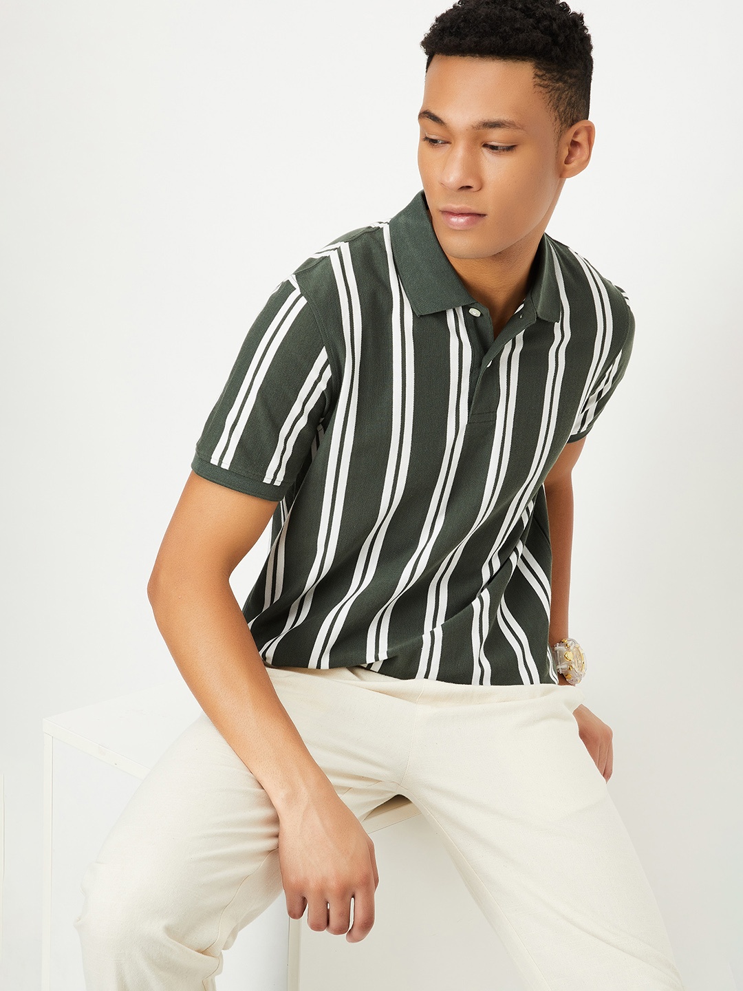 

max Men Striped Polo Collar Cotton T-shirt, Green