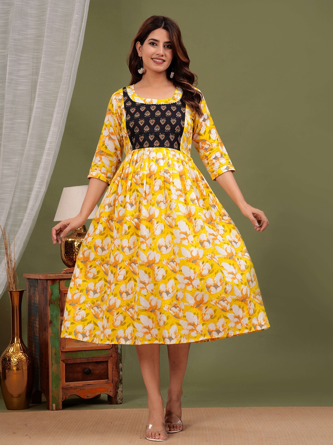 

FEMARY Women Cotton Floral Printed Maternity Maxi Dress, Yellow