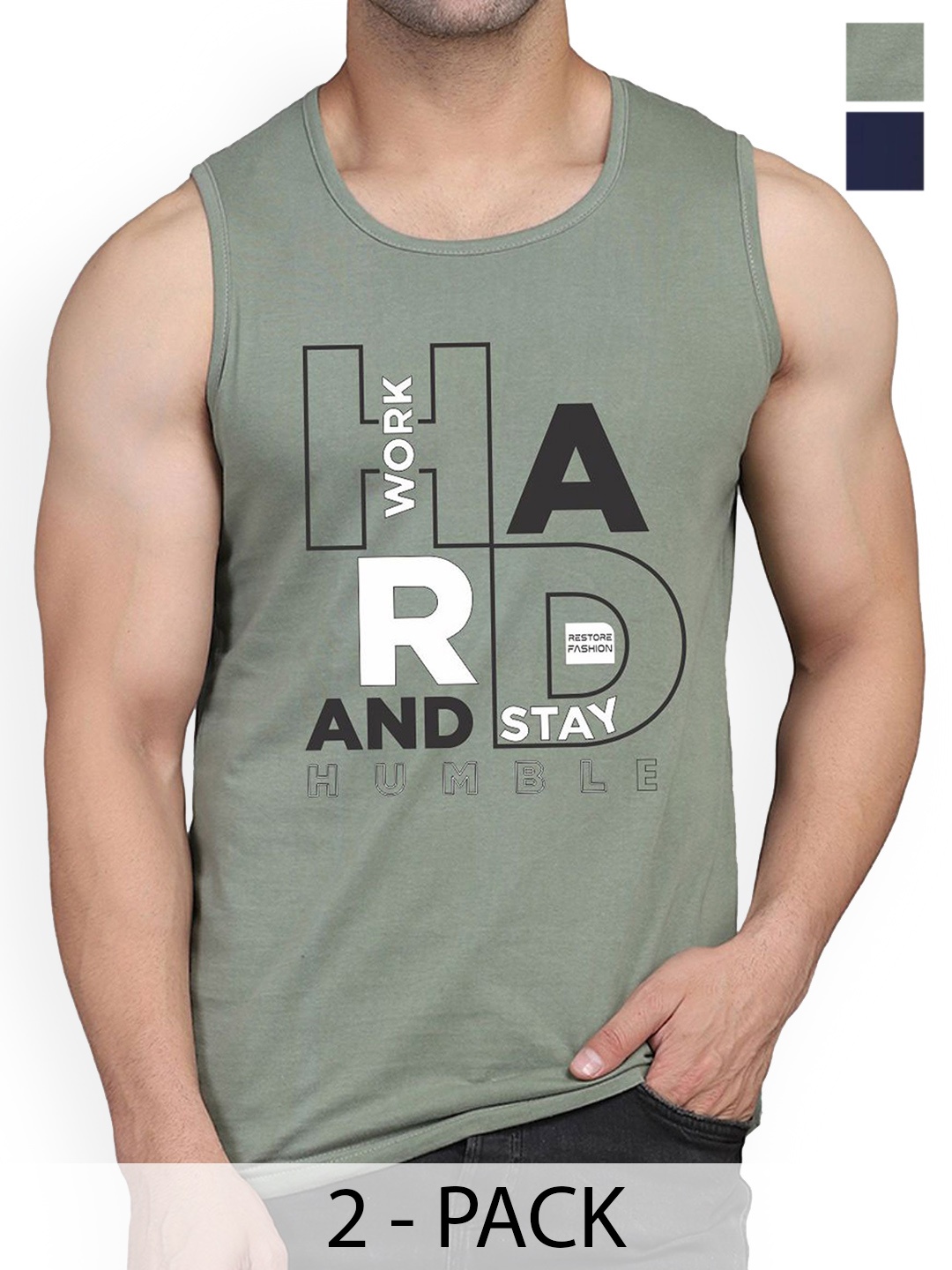 

WOOSTRO Pack Of 2 Printed Combed Cotton Gym Vest RS26 CMB (HARD NAVY) (HARD LGTGREEN), Navy blue