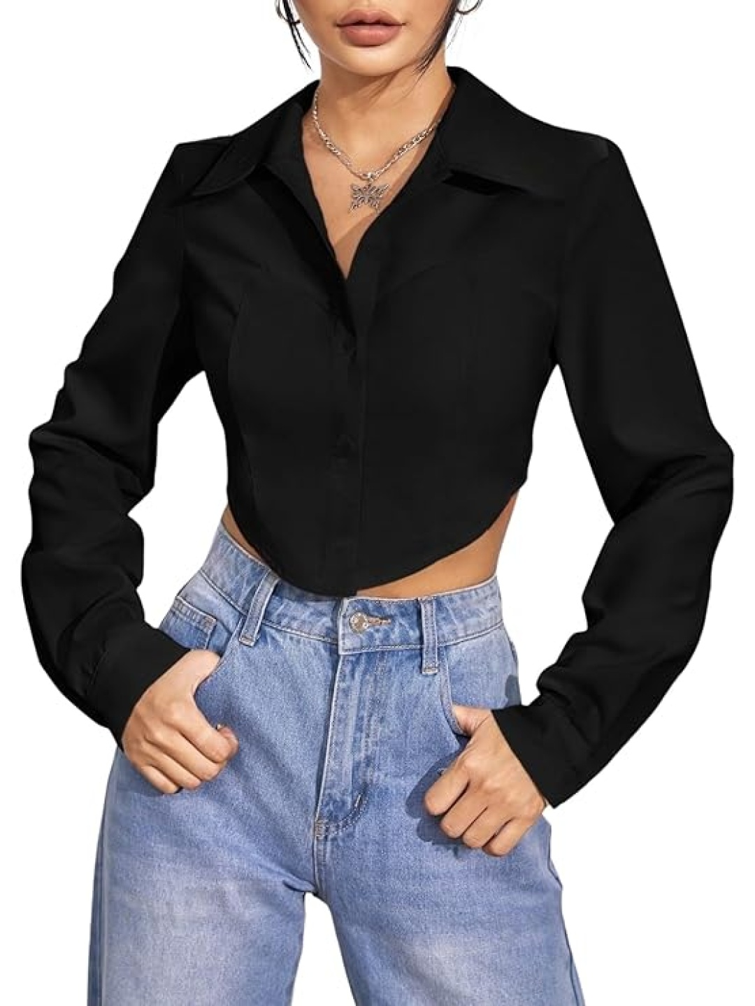 

KASHIAN Women Standard Fit Spread Collar Solid Casual Shirt, Black