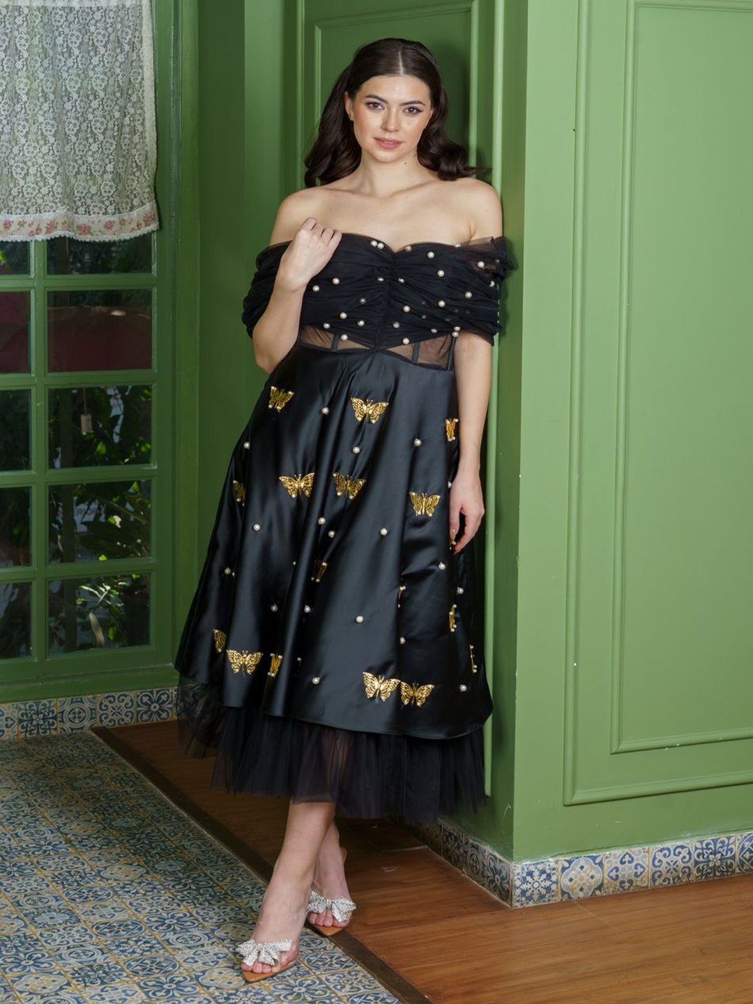 

Neha Sharma Label Animal Embroidered Ruffled Corset Midi Dress, Black