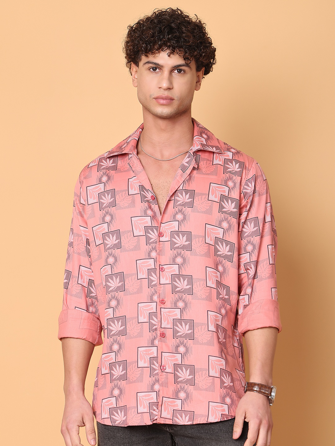 

Tanip Men Cuban Collar Floral Printed Cotton Casual Shirt, Pink