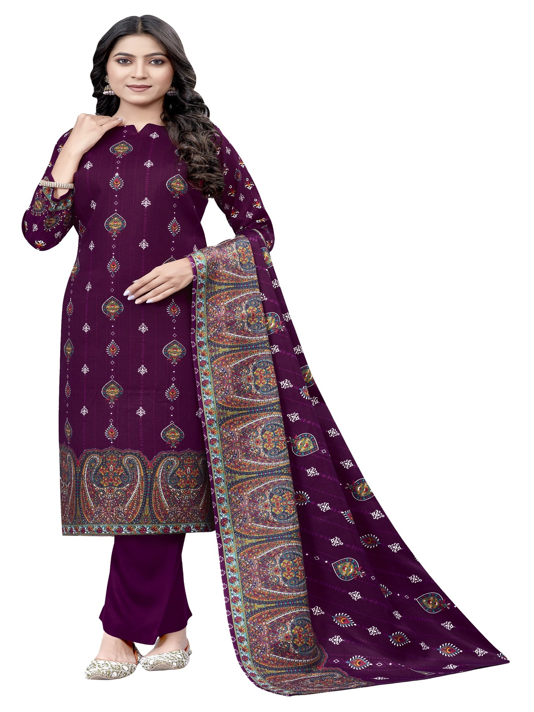 

DRAVINAM Trends Ethnic Motifs Printed Pashmina Unstitched Dress Material, Purple