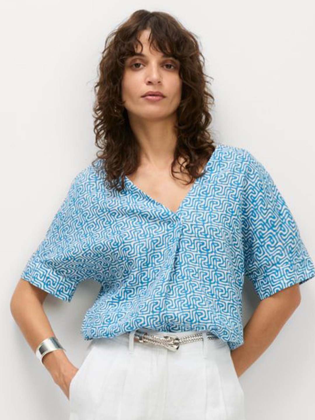 

Marks & Spencer Printed Extended Sleeves Linen Top, Blue