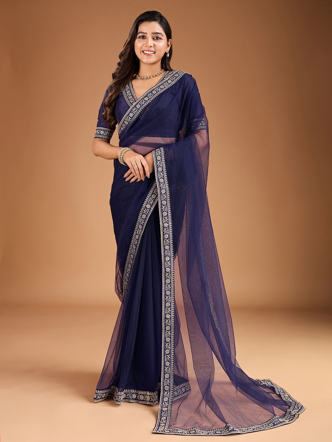 

House of Pataudi Sequinned Embroidered Saree With Blouse Piece, Blue
