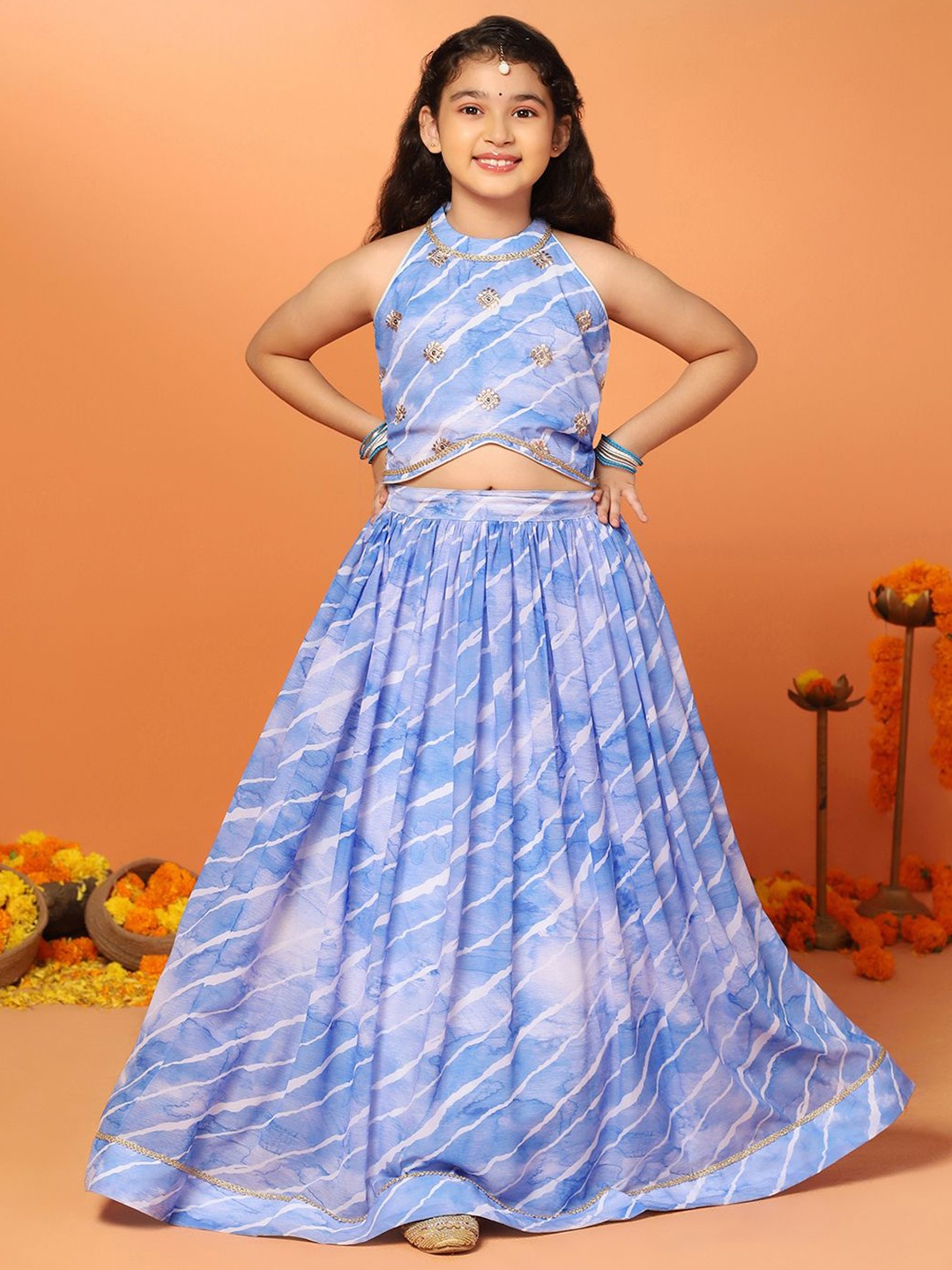 

FASHION DREAM Girls Printed Sequinned Ready to Wear Lehenga & Blouse, Blue