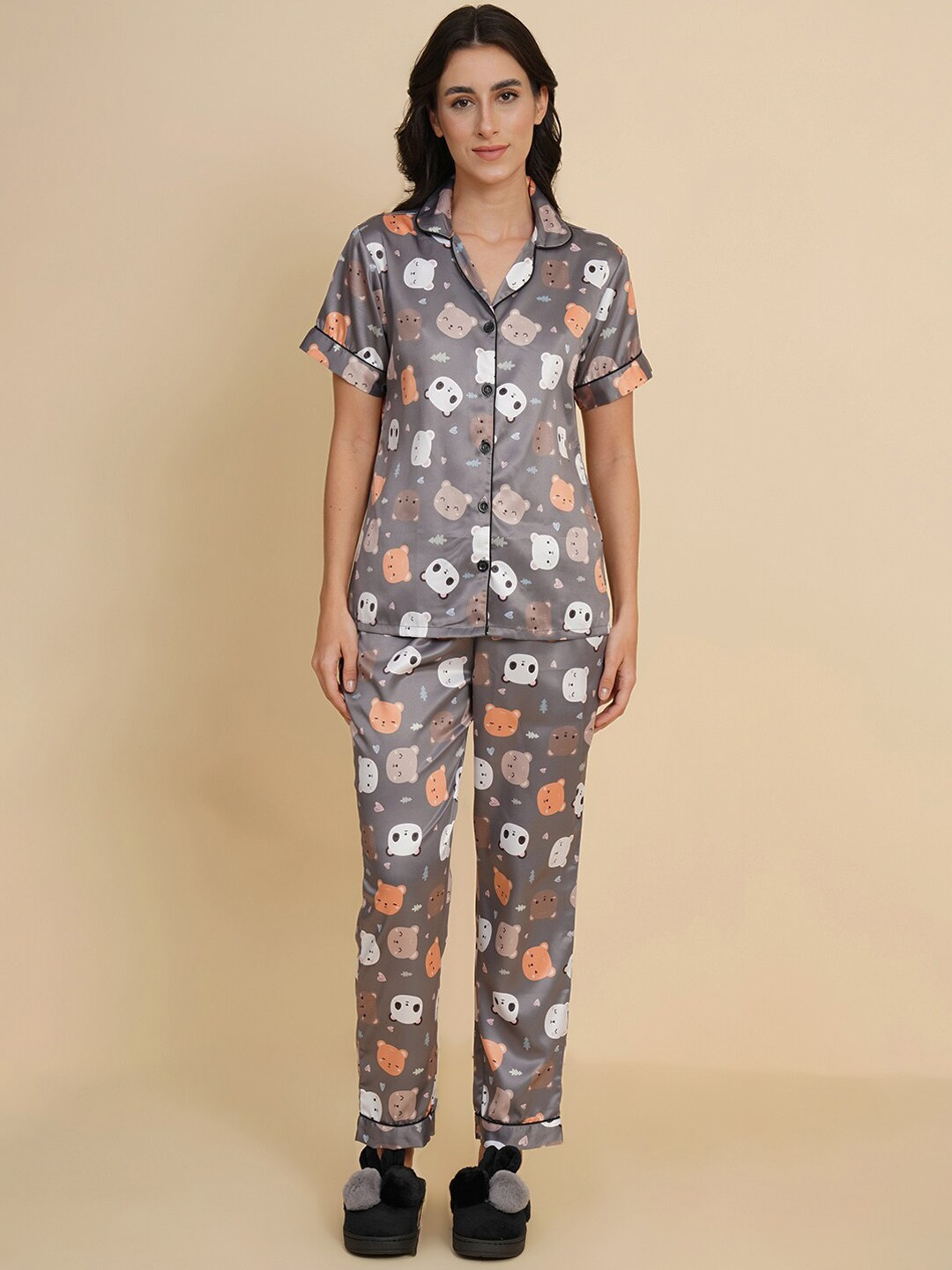 

NIJANAND TEXTILE Printed Shirt Collar Night Suits, Grey