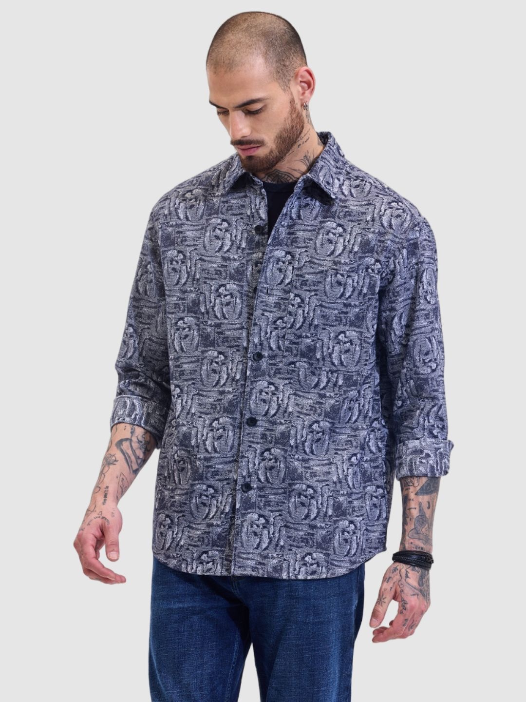 

Snitch Men Relaxed Boxy Fit Spread Collar Abstract Printed Casual Shirt, Blue