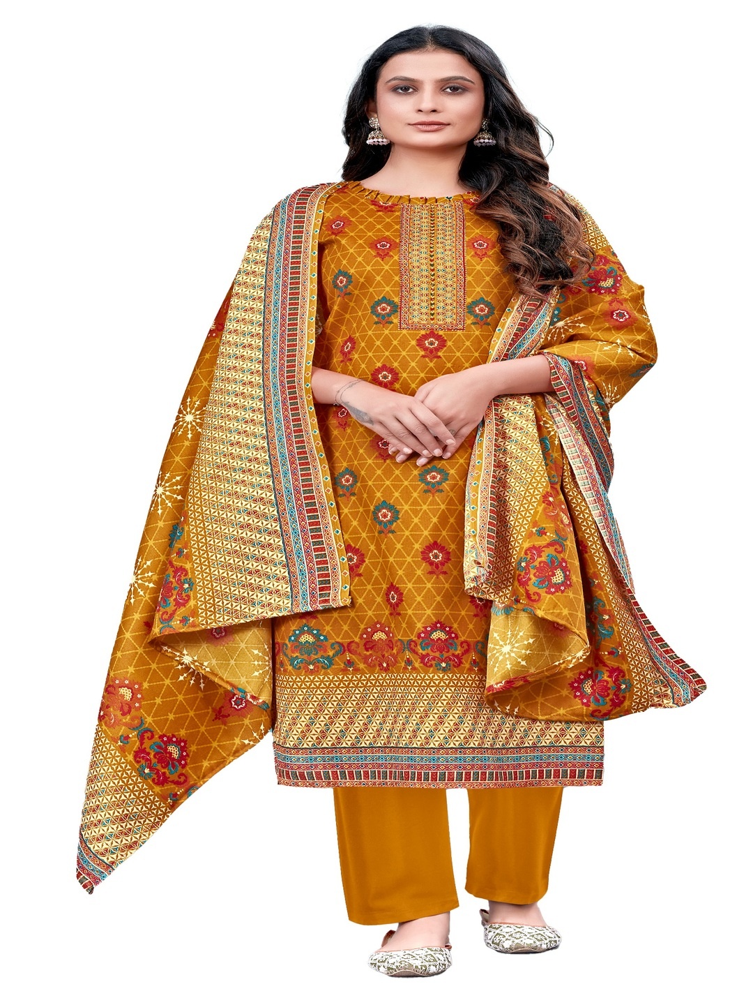 

DRAVINAM Trends Ethnic Motifs Printed Unstitched Dress Material, Yellow