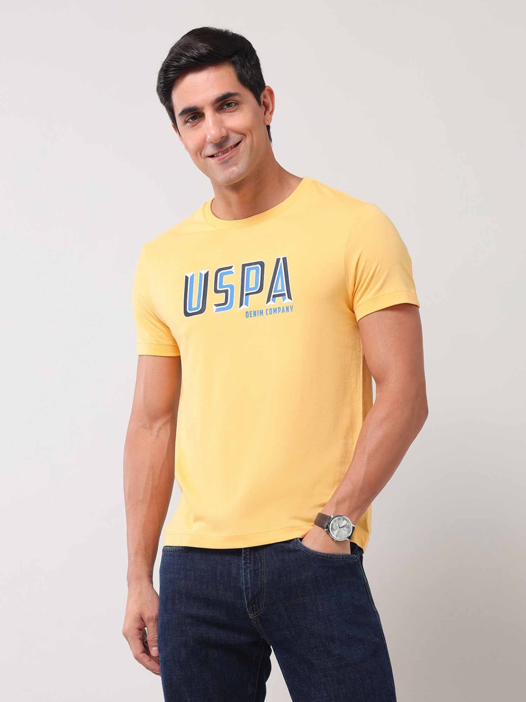 

U.S. Polo Assn. Denim Co. Men Typography Printed Round Neck Cotton Slim Fit T-shirt, Yellow