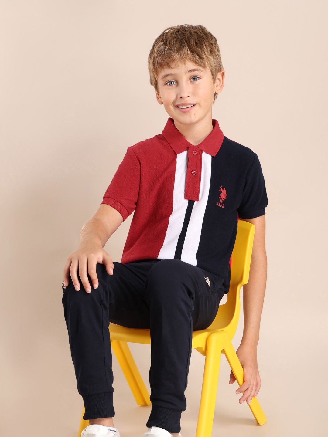 

U.S. Polo Assn. Kids Boys Brand Logo Colourblocked Polo Collar Applique T-shirt, Red