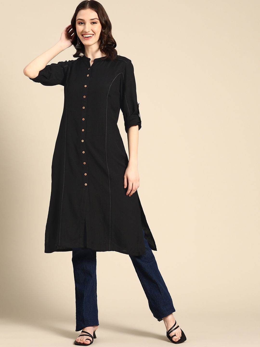 

Suha Mandarin Collar Roll-Up Sleeves Panelled A-line Kurta, Black