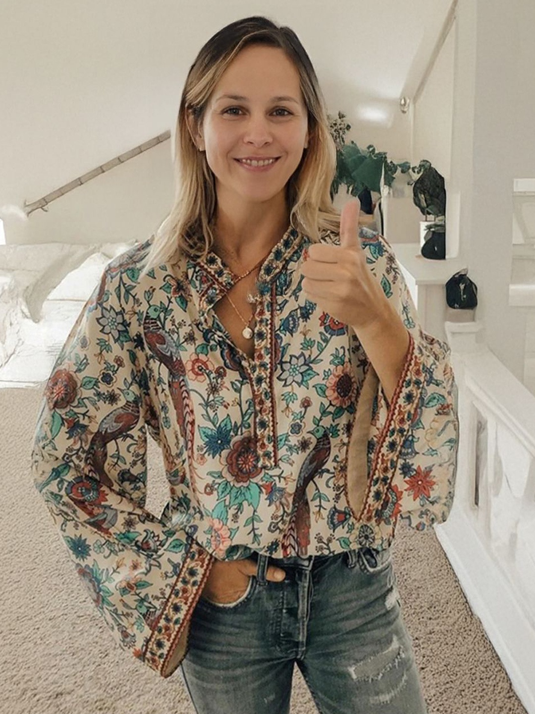 

StyleCast Women Floral Printed Kimono Sleeves Shirt Style Top, Beige
