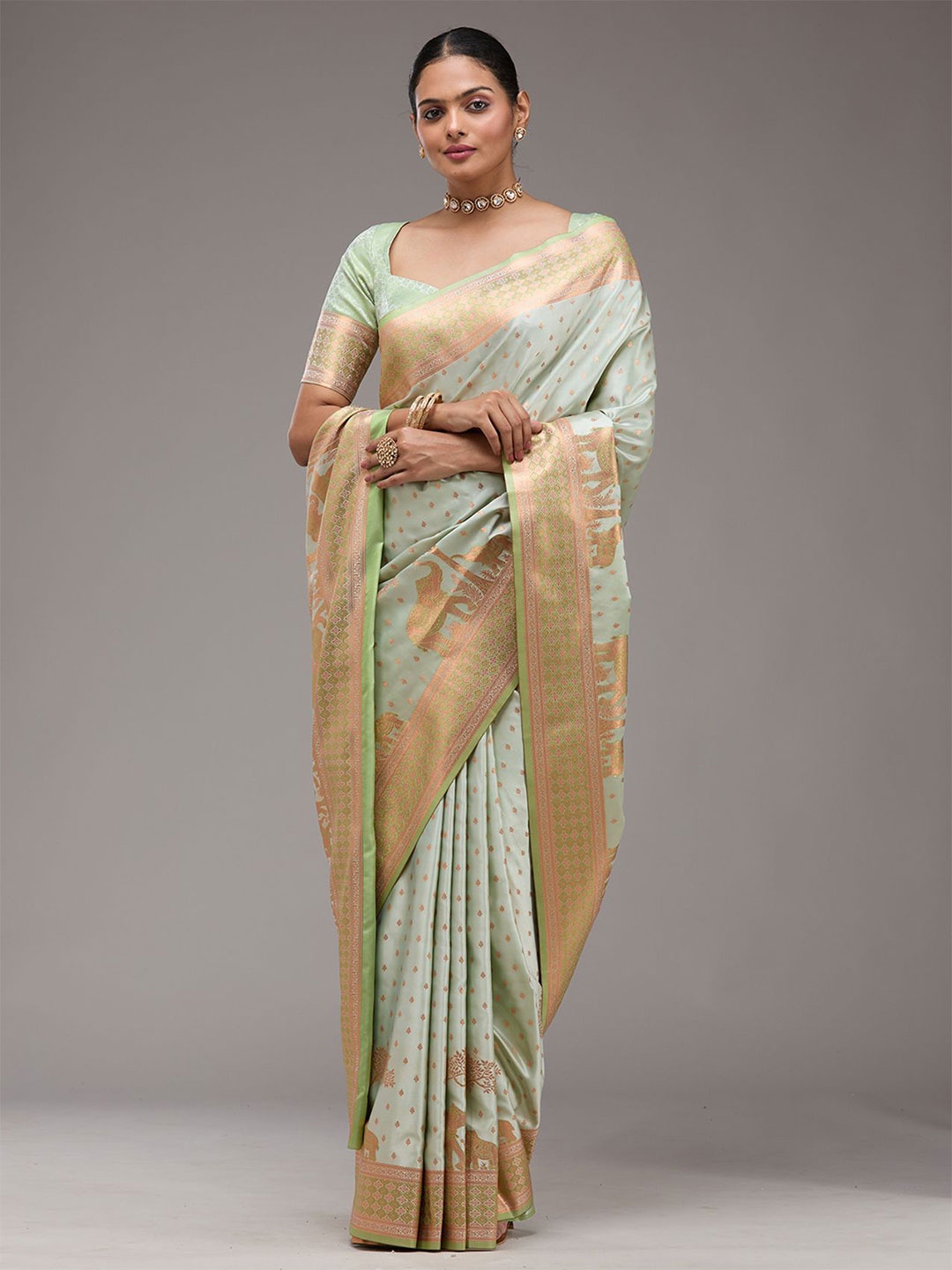 

Koskii Woven Design Zari Embellished Satin Saree, Green