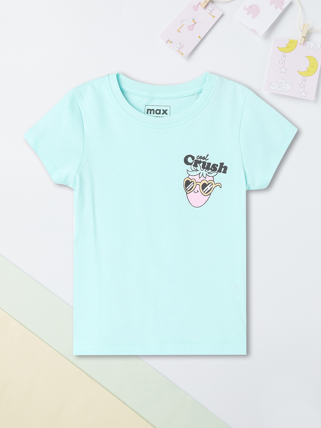

max Girls Typography Printed Round Neck Cotton T-shirt, Turquoise blue