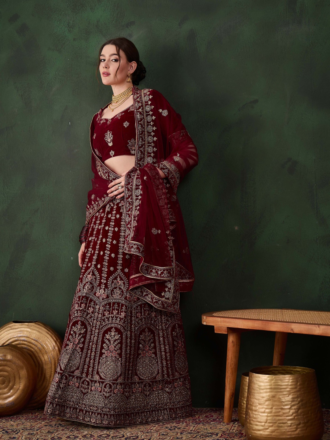 

DEVATITHI Embroidered Thread Work Velvet Semi-Stitched Lehenga & Blouse With Dupatta, Maroon