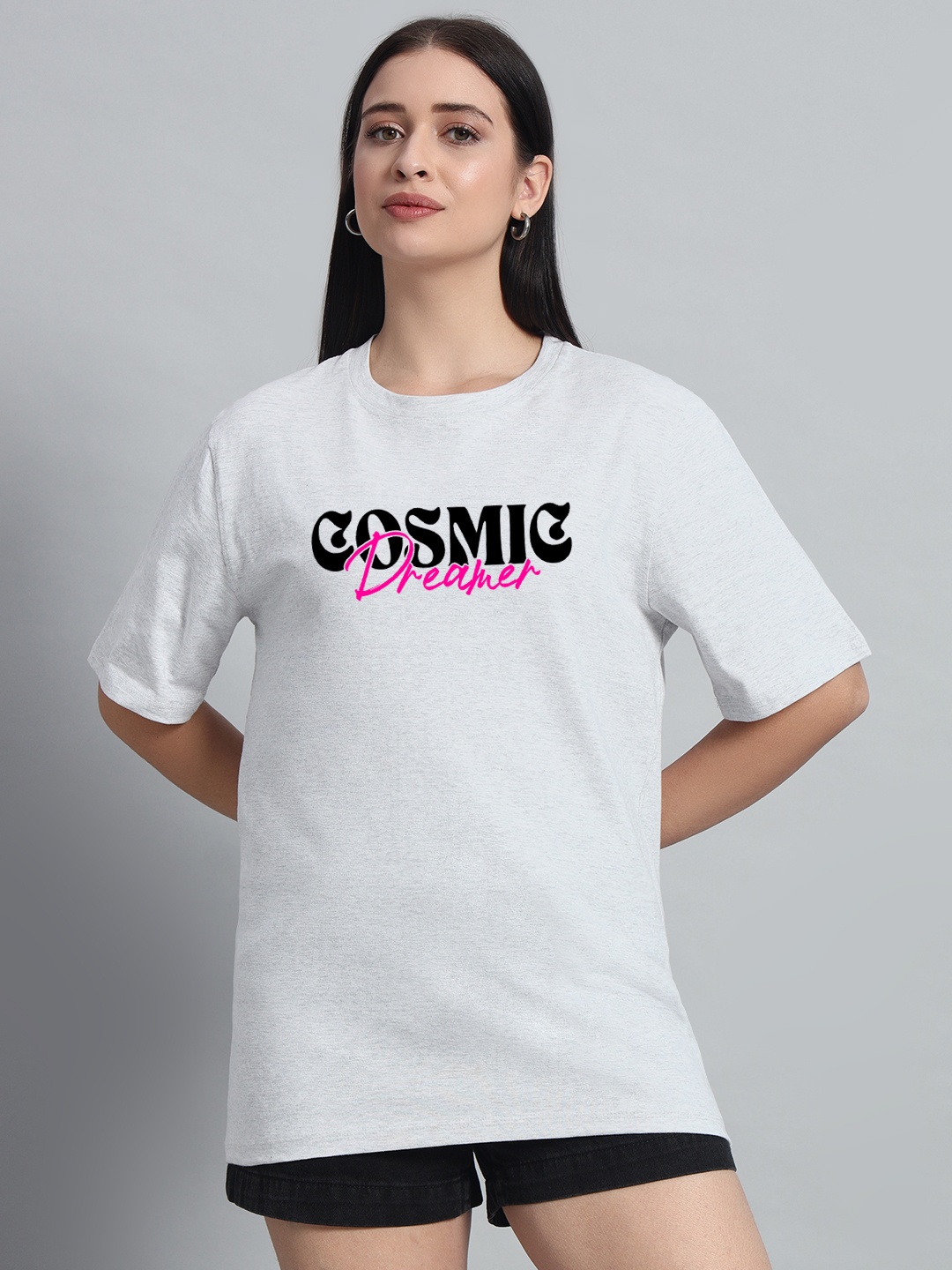 

N1F FASHION Women Typography Printed Round Neck Cotton Oversized T-shirt, Grey