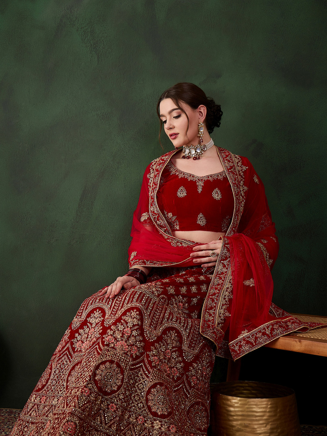 

DEVATITHI Embroidered Thread Work Velvet Semi-Stitched Lehenga & Blouse With Dupatta, Red