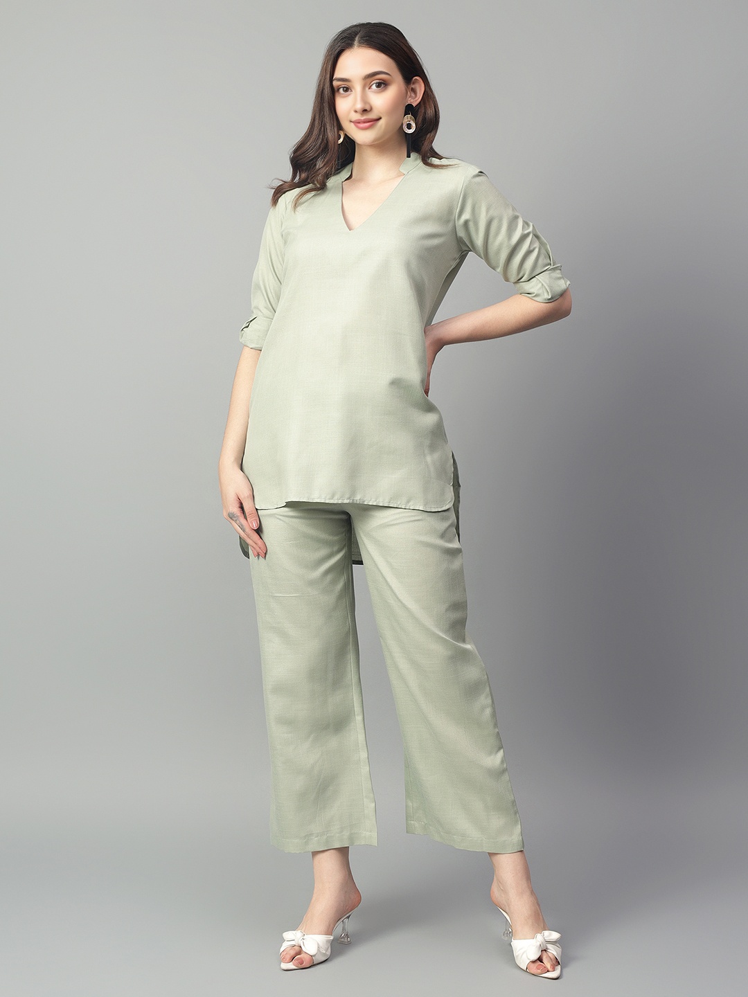 

StyleCast Mandarin Collar Neck High Low Tunic With Trousers Co-Ords, Green