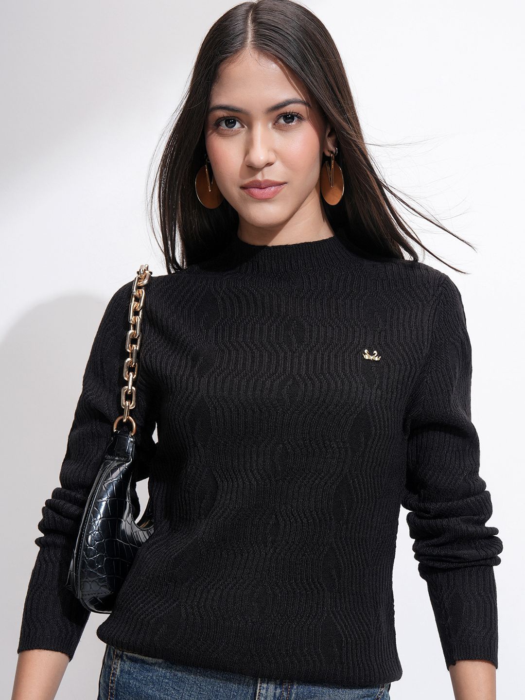 

Basics By Tokyo Talkies Women Full Sleeve Mock Neck Sweater, Black