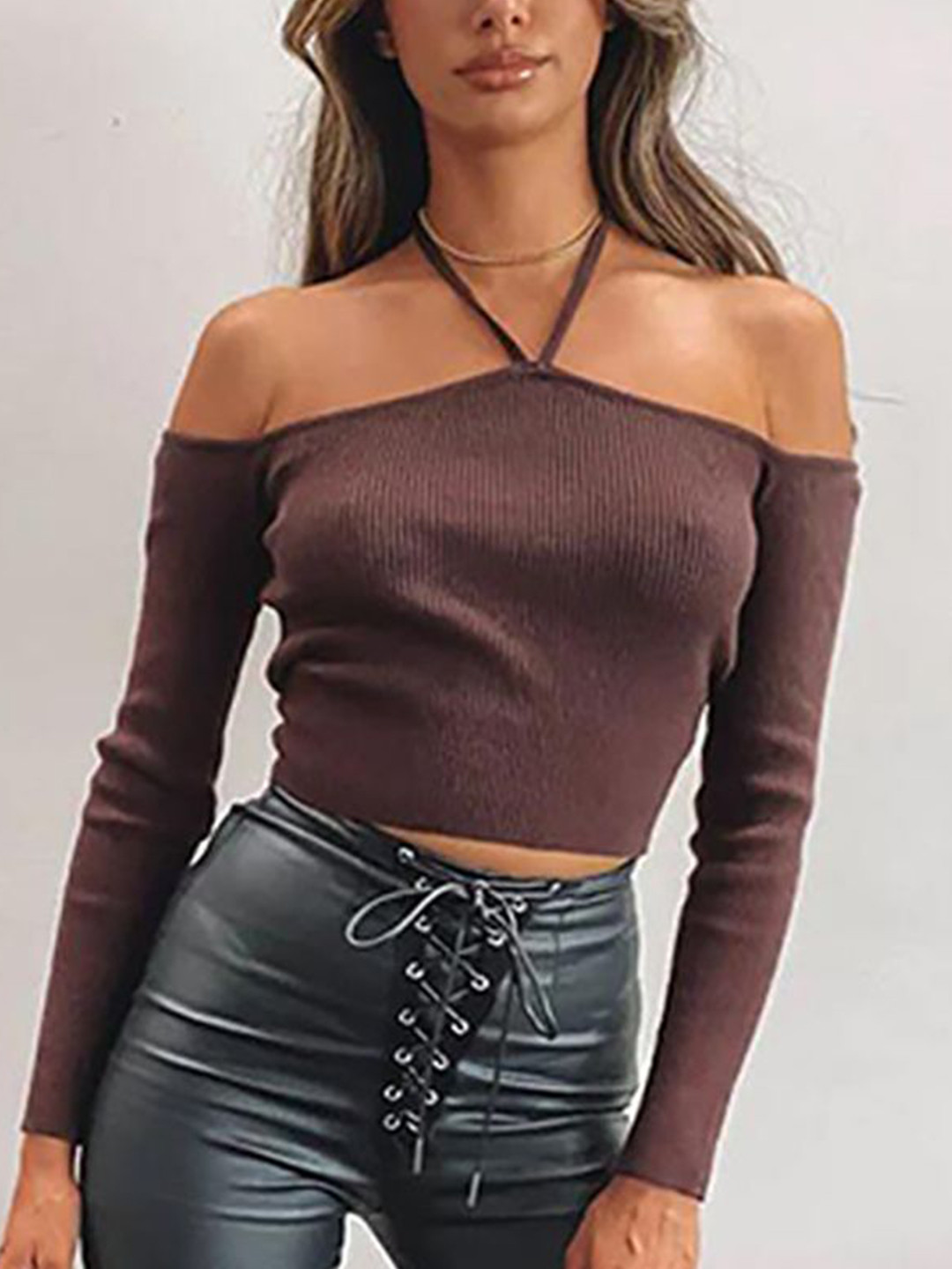 

StyleCast x Revolte Women Ribbed Off-Shoulder Cotton Crop Top, Brown