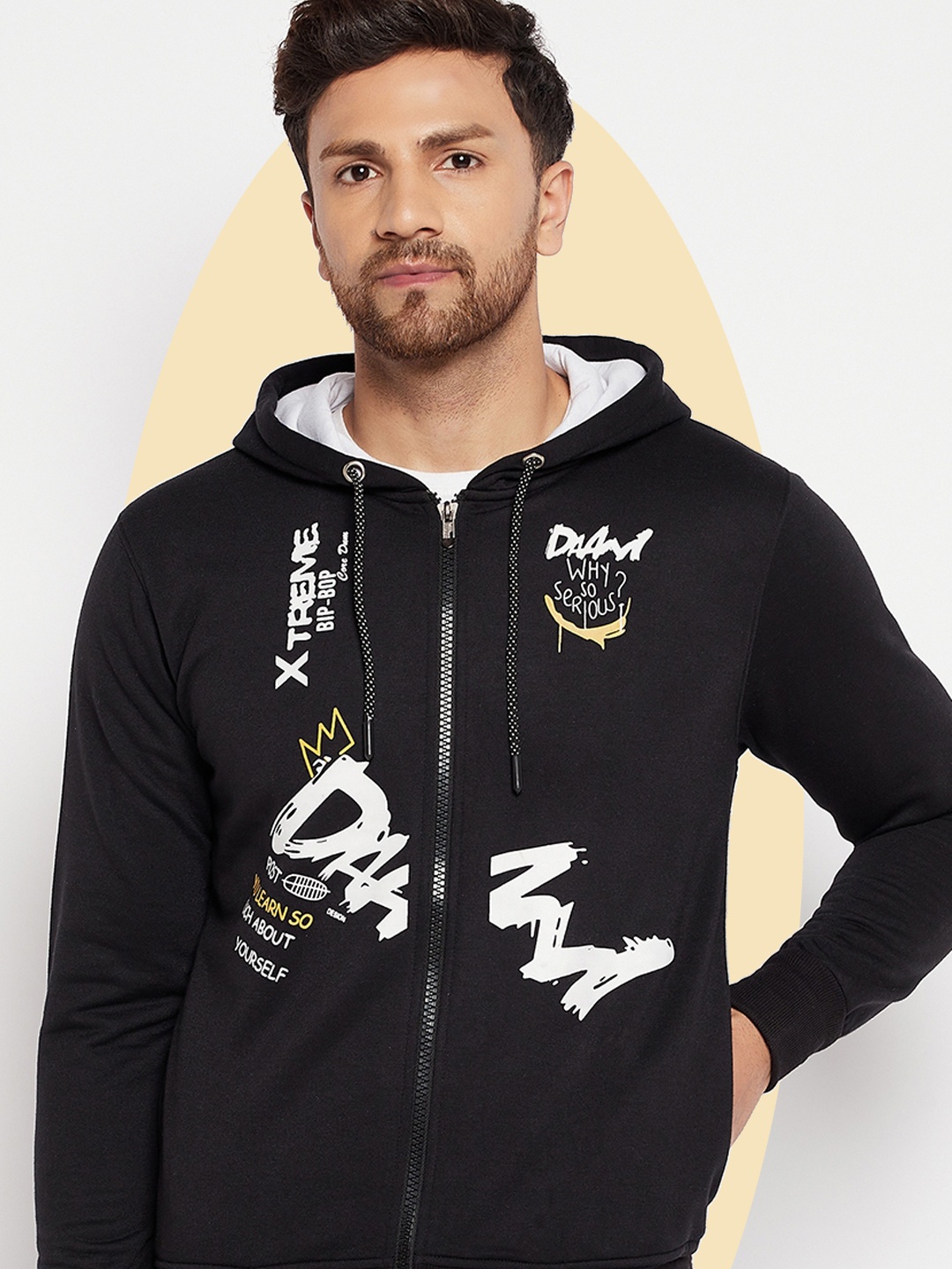 

LYCOS Men Printed Hooded Front-Open Sweatshirt, Black