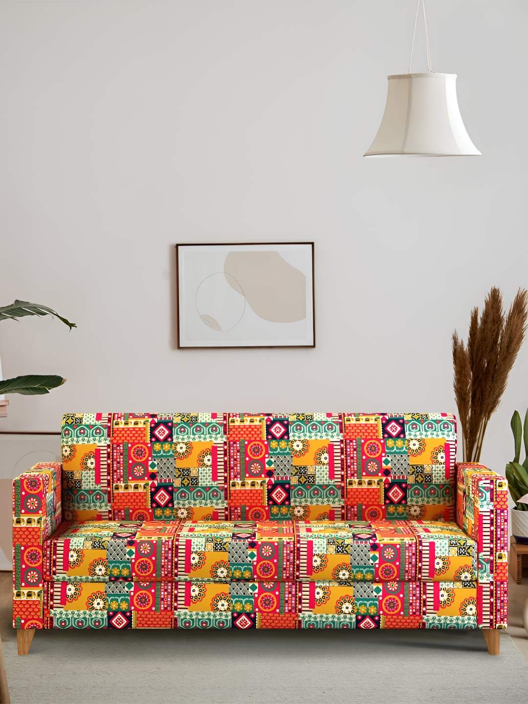 

Chumbak Modern Couch Red & Green Floral Swirls Printed Three Seater Couch