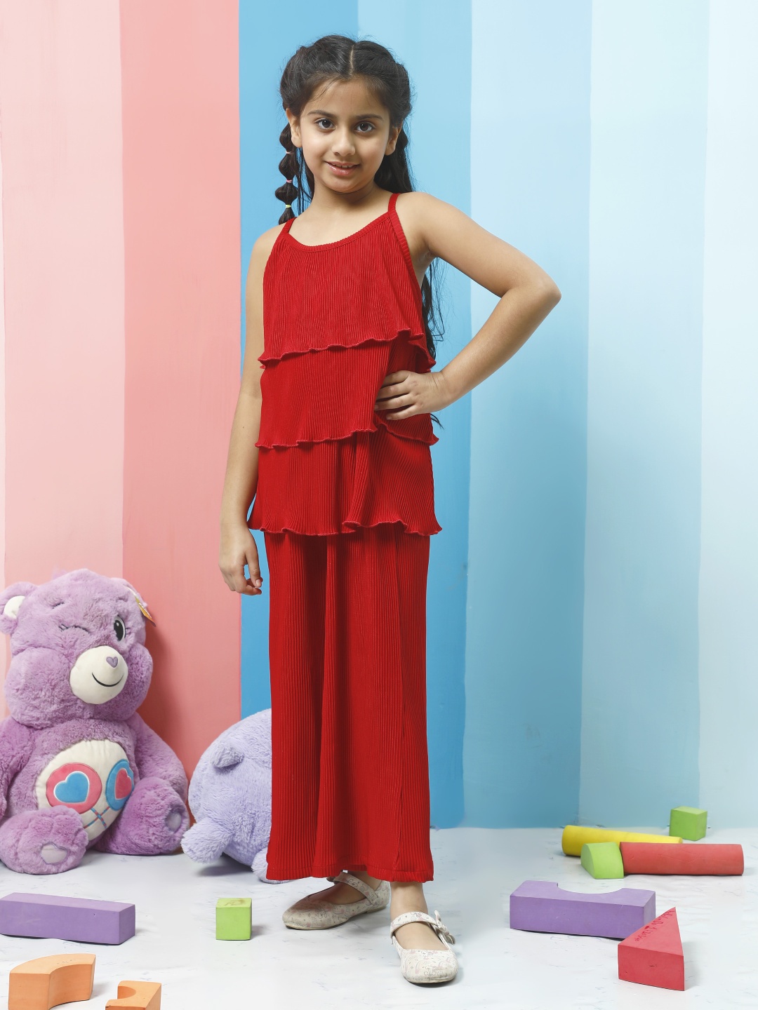 

Athena Girls Shoulder Straps Tiered Top With Trouser, Red