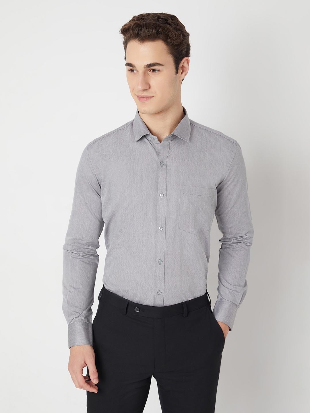 

MARK & ALBERT Men India Slim Fit Spread Collar Solid Cotton Formal Shirt, Grey