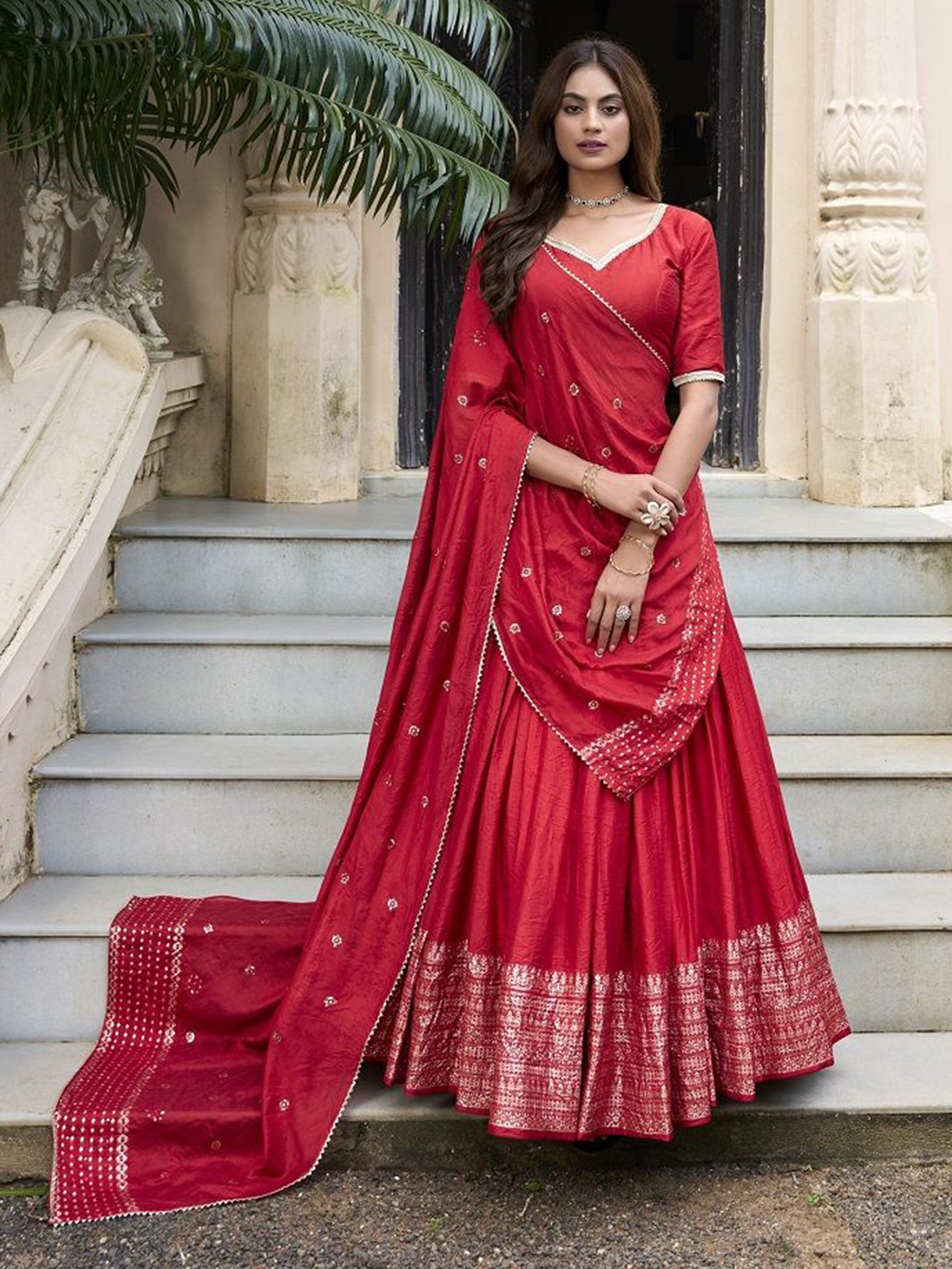 

JATRIQQ Ready to Wear Lehenga & Unstitched Blouse With Dupatta, Red