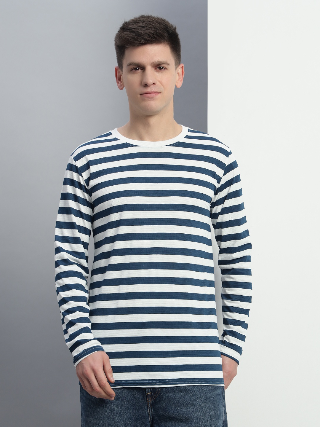 

Metronaut Men Striped Round Neck Cotton Slim Fit T-shirt, Navy blue