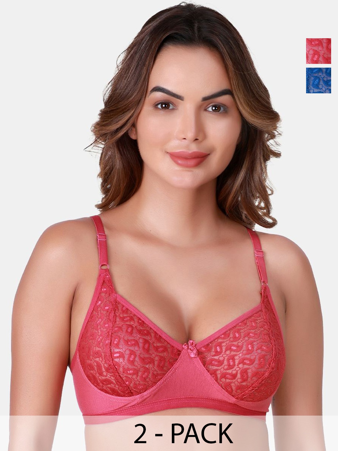 

SKDREAMS Pack Of 2 Floral Cotton Cut and Sew Full Coverage Lace Bra, Blue