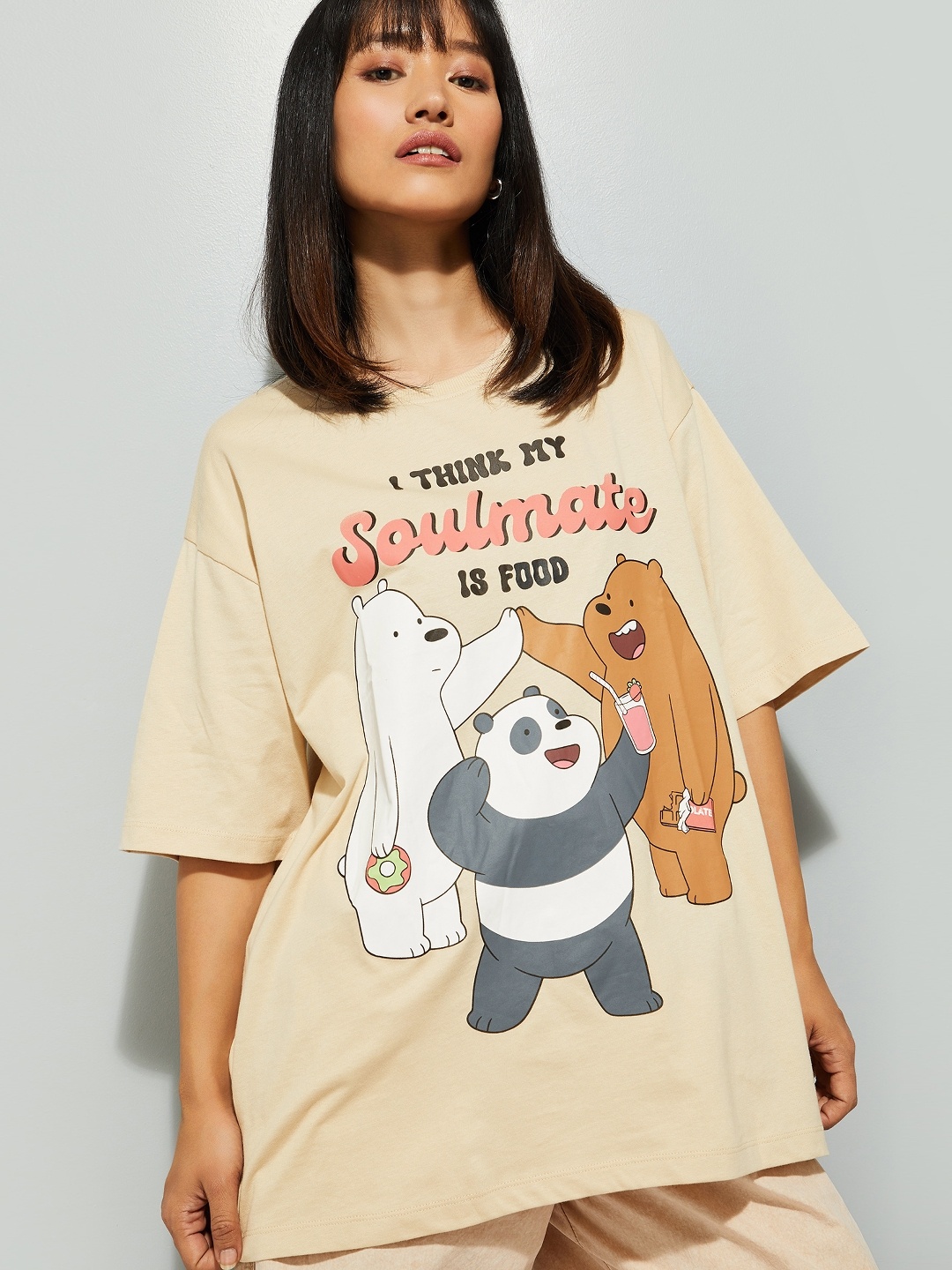 

max Women Graphic Printed Round Neck Cotton Oversized T-shirt, Beige