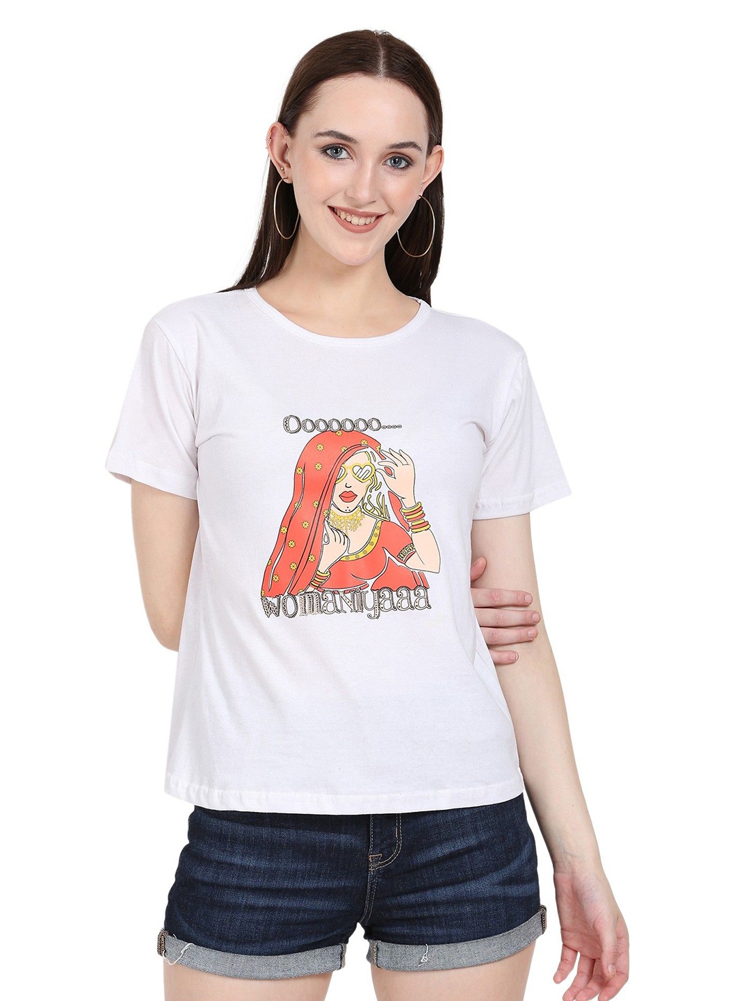 

DEEPMAYRA COLLECTION Women Graphic Printed Round Neck Cotton T-shirt, White
