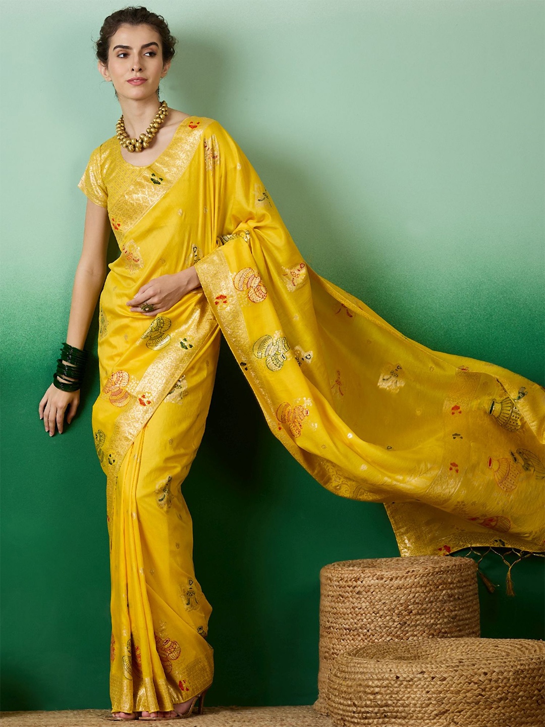 

DEVATITHI Woven Design Zari Yellow Staple Dola Jacquard Saree