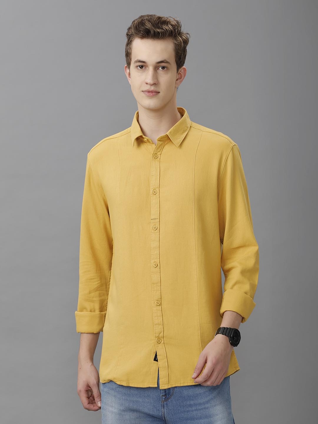 

Voi Jeans Men Relaxed Fit Spread Collar Solid Cotton Casual Shirt, Mustard