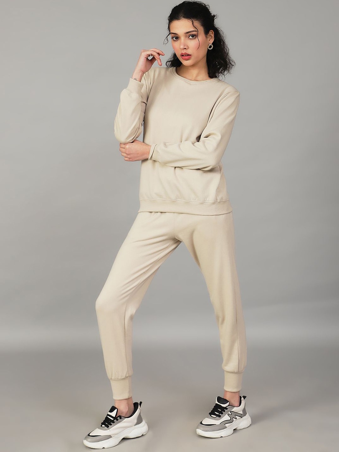 

UnaOne Women Round Neck Pure Cotton Tracksuit, Beige