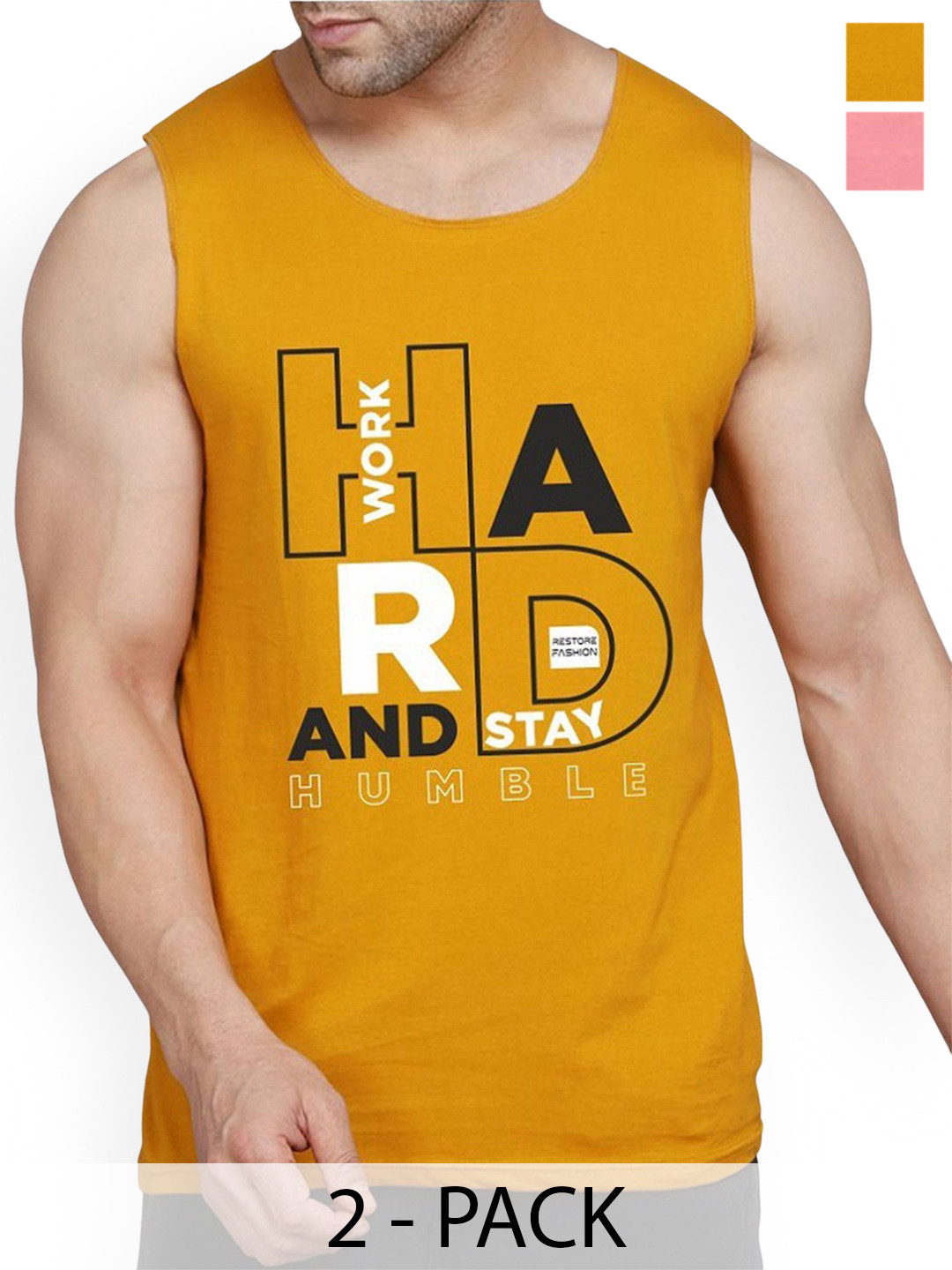 

Woostro Pack Of 2 Printed Cotton Gym Vests RS26 CMB (HARD MUSTARD) (RUN PEACH)