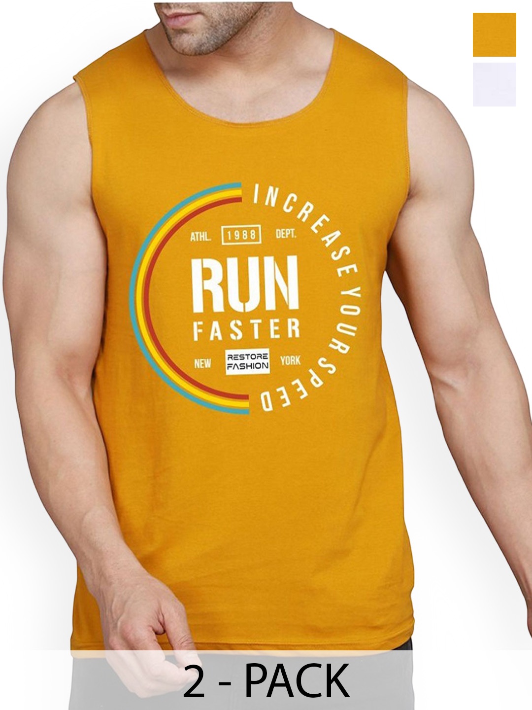 

Woostro Men Pack Of 2 Printed Pure Combed Cotton Gym Vests, Mustard