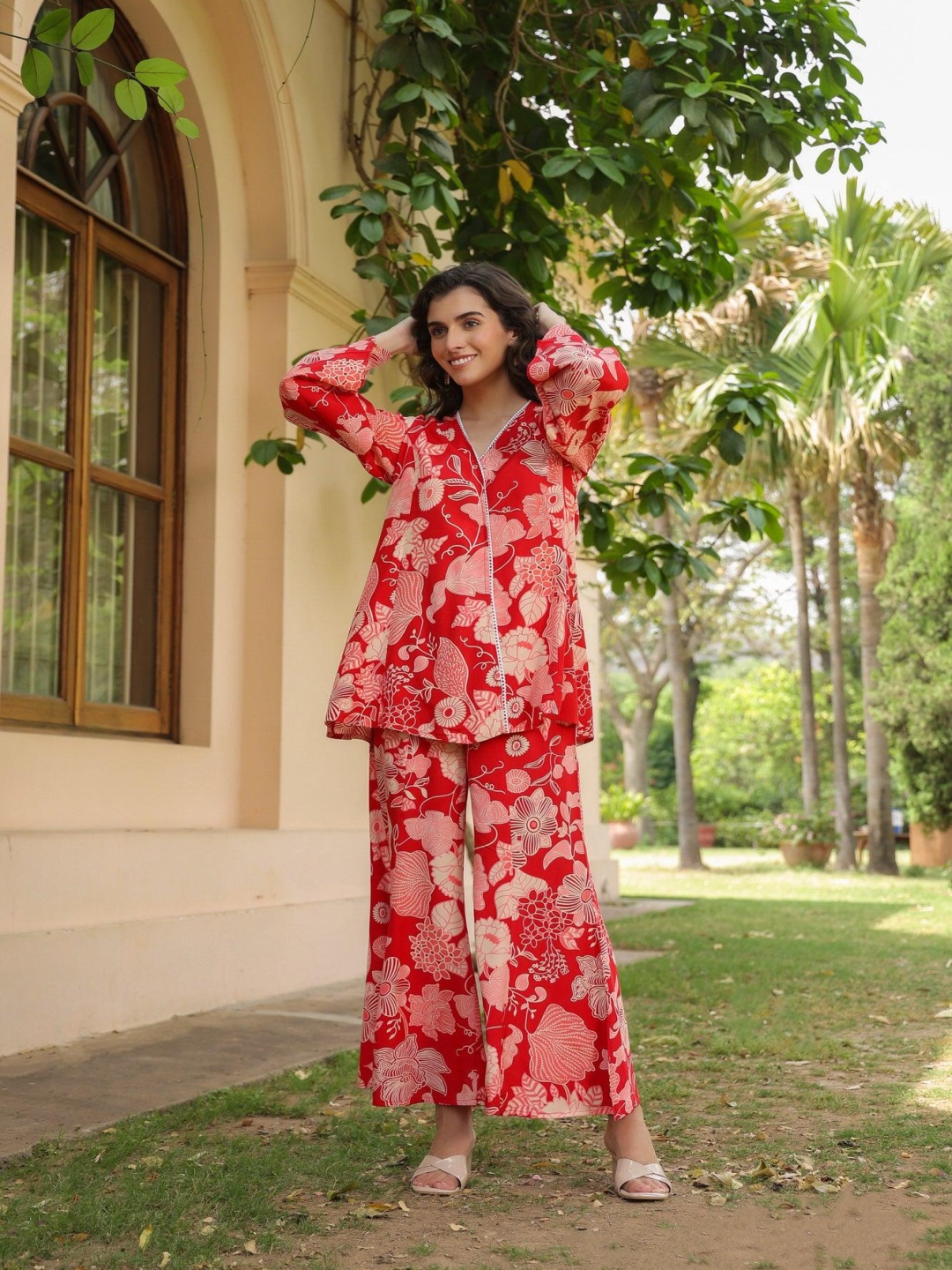 

JISORA Floral Printed Top & Trouser Russian Silk Co-Ords Set, Red