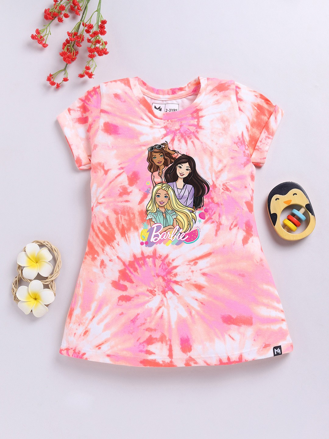 

YK X Minute Mirth Girls Barbie Printed Cotton T-shirt Dress, Peach