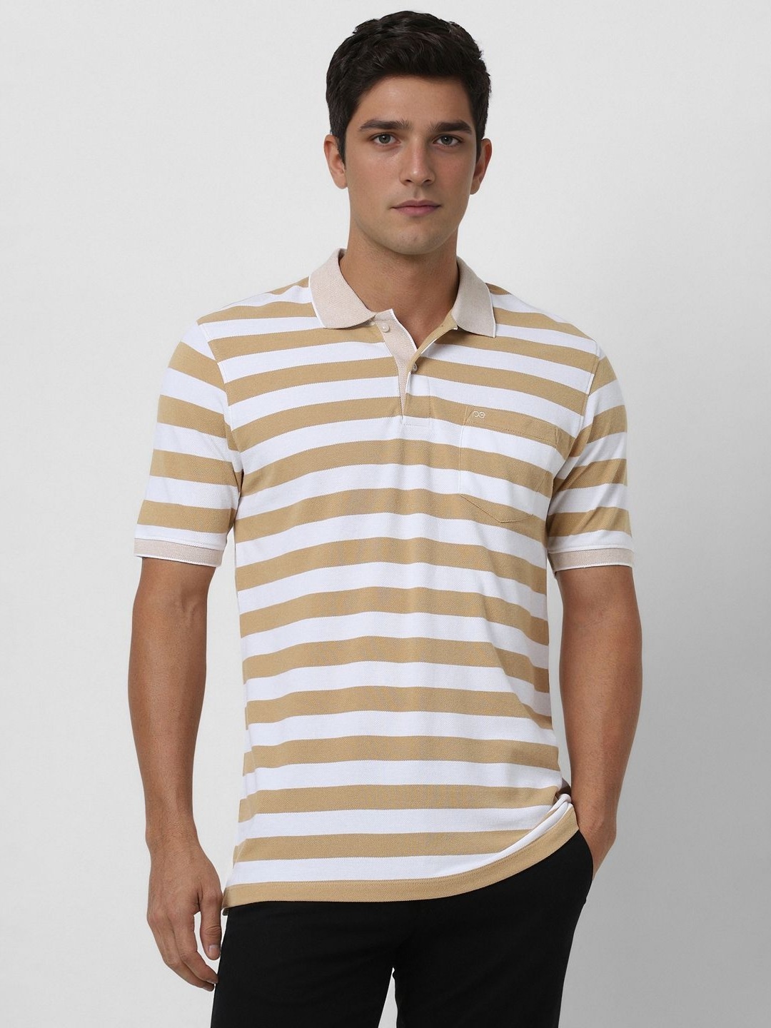 

Peter England Casuals Men Striped Polo Collar Cotton T-shirt, Beige