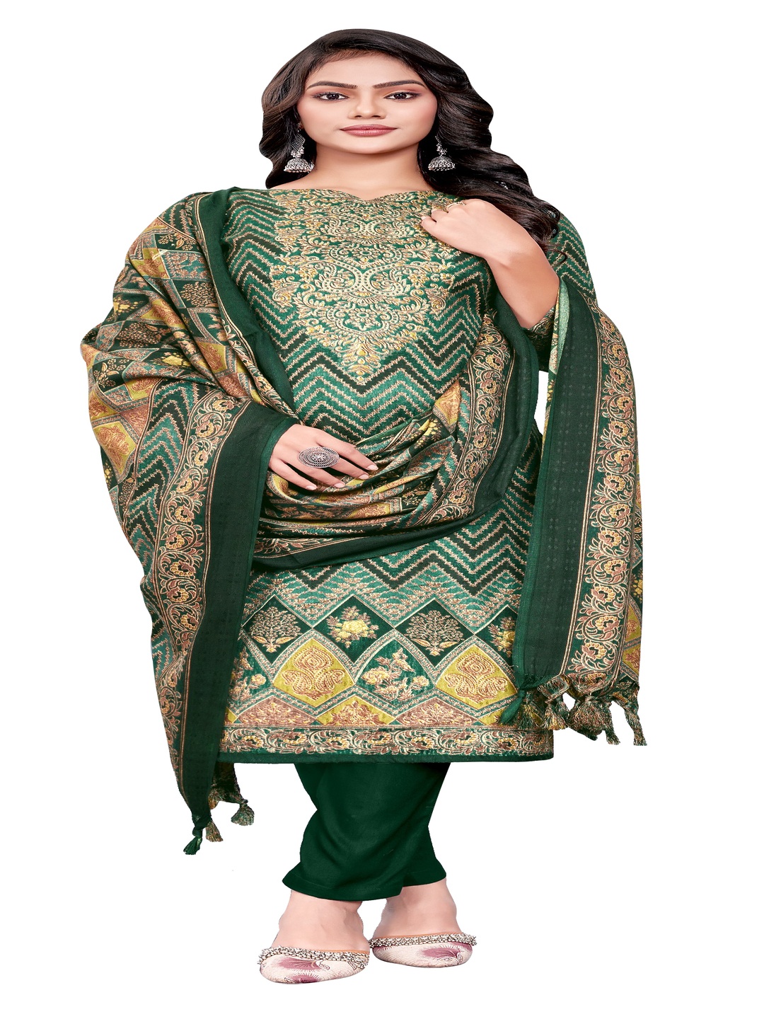 

DRAVINAM Trends Chevron Printed Pashmina Unstitched Dress Material, Green