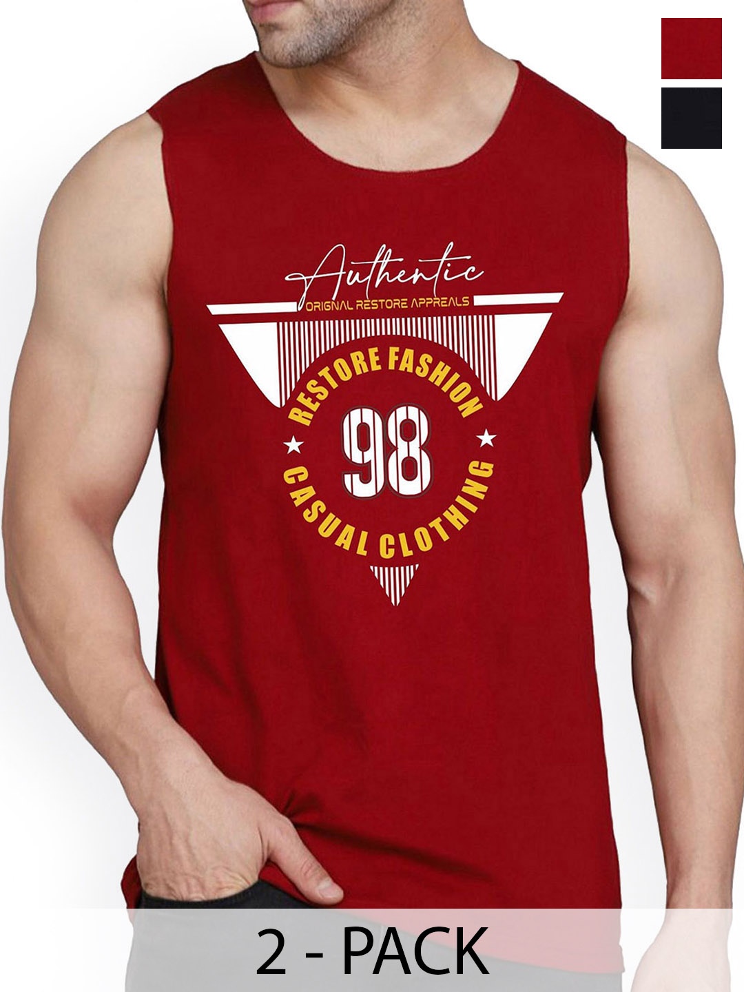 

WOOSTRO Men Pack Of 2 Printed Sleeveless Innerwear Gym Vests, Maroon