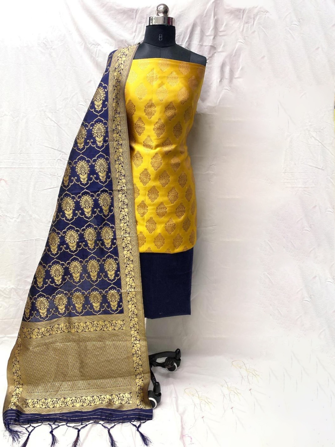 

KALINI Ethnic Motifs Pure Silk Unstitched Dress Material, Yellow