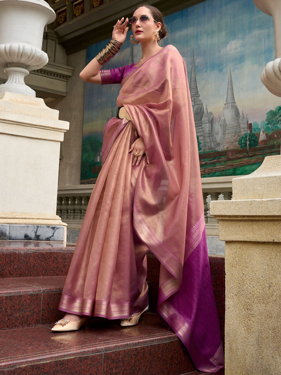 

Mitera Woven Design Zari Tissue Saree, Peach