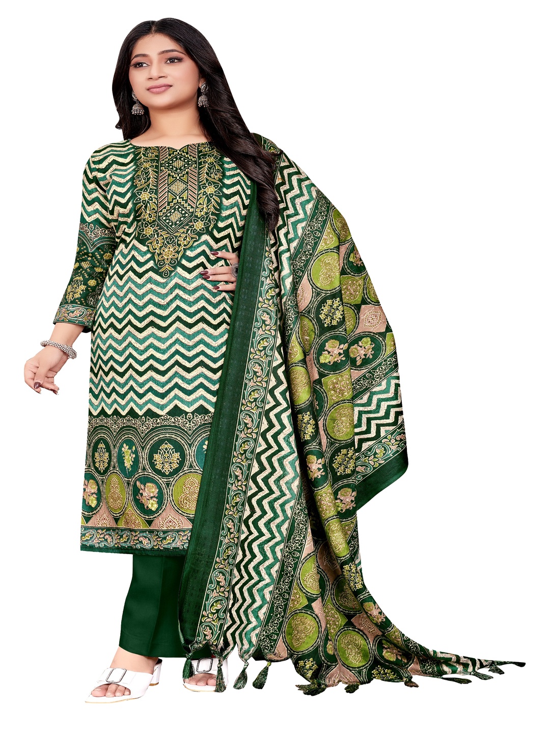 

DRAVINAM Trends Chevron Printed Unstitched Dress Material, Green