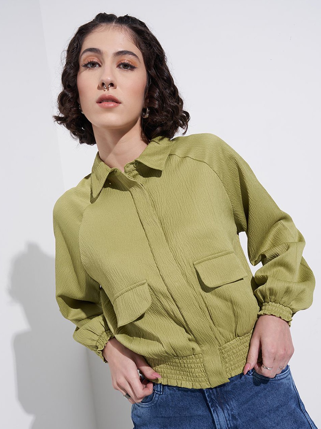 

SF JEANS by Pantaloons Women Shirt Collar Cuffed Sleeves Shirt Style Crop Top, Olive