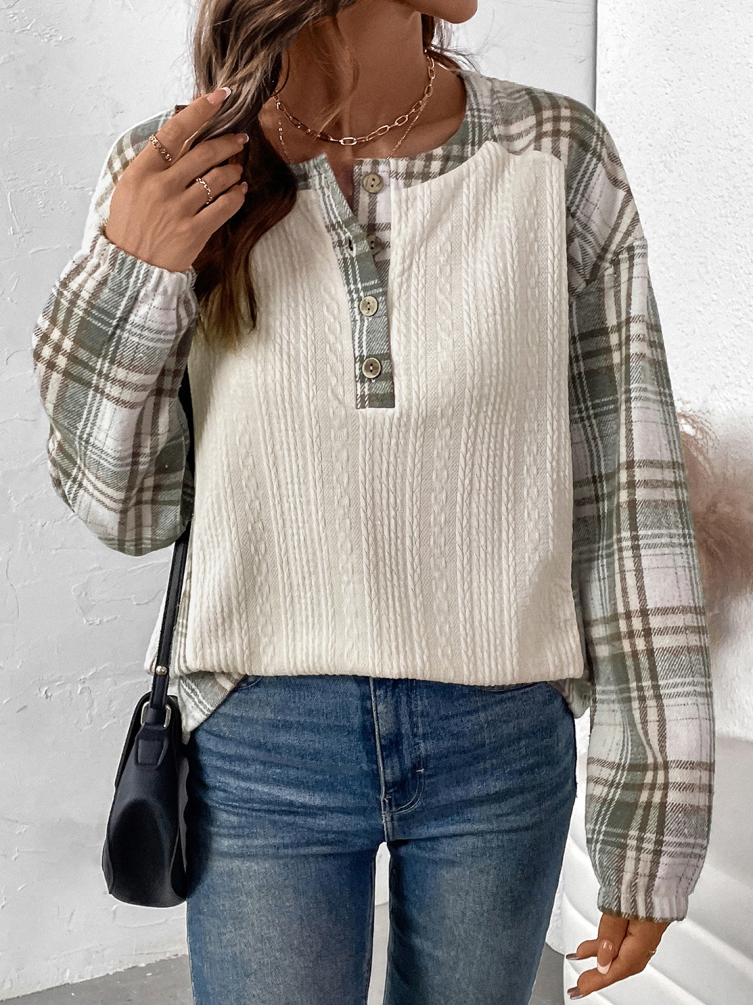

StyleCast x Revolte Self Design Round Neck Puff Sleeves RegularTop, Beige