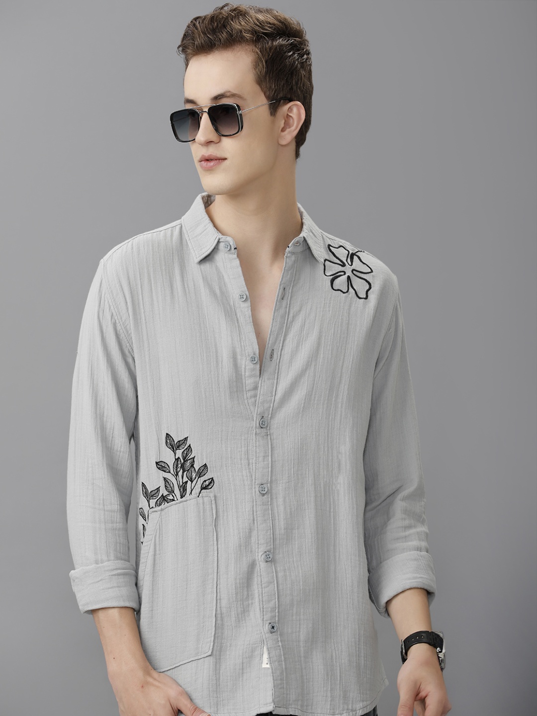 

Voi Jeans Men Relaxed Fit Spread Collar Floral Printed Cotton Casual Shirt, Grey